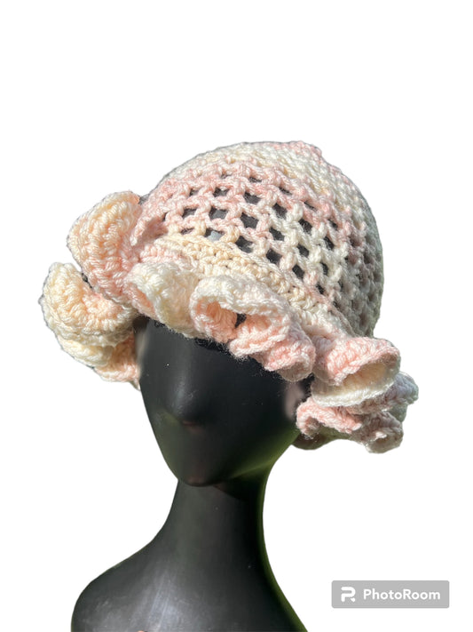 Peach Vanilla Mesh Ribbon Brim Hat